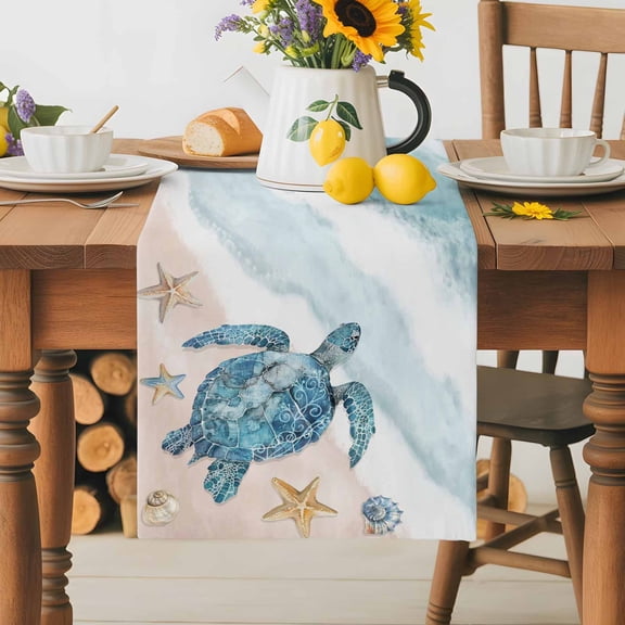 Burlap Table Runner 70 Inches Long, Watercolor Ocean Theme Beach Turtle Non-Slip Kitchen Table Runners for Dining Room Everyday Use Party Table Decorations Marine Starfish Shell