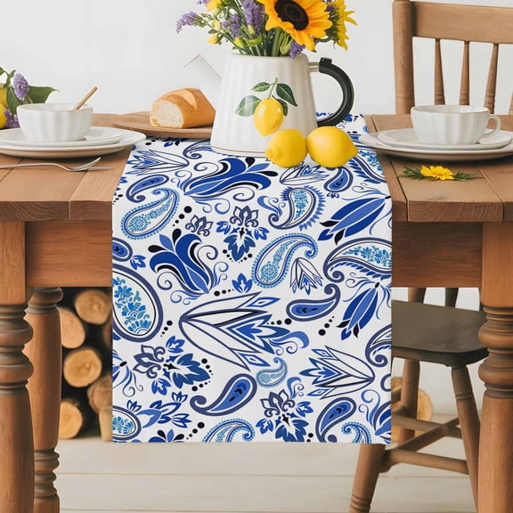 Burlap Table Runner 70 Inches Long, Watercolor Paisley Bandanna Non-Slip Kitchen Table Runners for Dining Room Everyday Use Party Table Decorations Abstract Blue Flowers