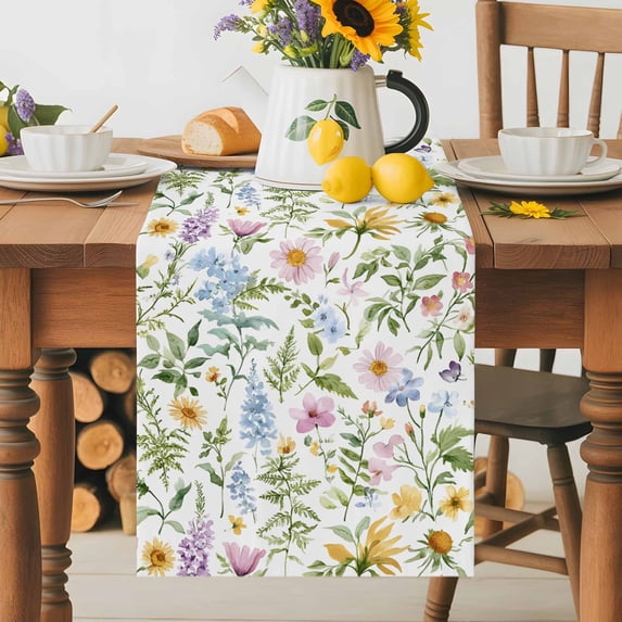 Burlap Table Runner 70 Inches Long, Watercolor Spring Flower Leaves Non-Slip Kitchen Table Runners for Dining Room Everyday Use Party Table Decorations Rustic Herb Plant on White