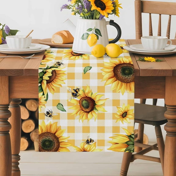 Burlap Table Runner 70 Inches Long,Watercolor Sunflower Yellow Buffalo Plaid Non-Slip Kitchen Table Runners for Dining Room Everyday Use Party Table Decorations Farm Floral Plant