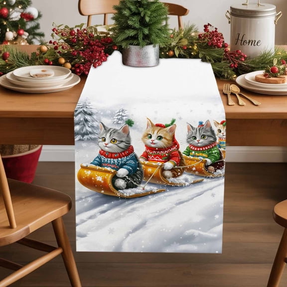 Burlap Table Runner 70 Inches Long,Winter Christmas Cat Sleigh Snow Scene Non-Slip Kitchen Table Runners for Dining Room Everyday Use Party Table Decorations Cute Animal