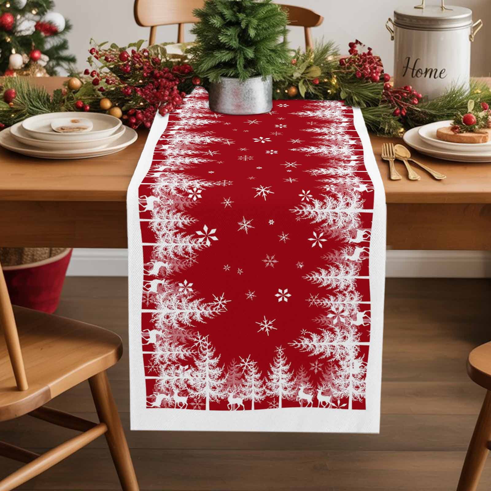Burlap Table Runner 70 Inches Long,Winter Christmas White Pine Tree Non ...