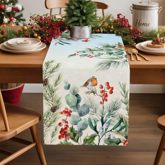 Burlap Table Runner 70 Inches Long,Winter Pine Needle Pine Fruit Non-Slip Kitchen Table Runners for Dining Room Everyday Use Party Table Decorations Xmas Snowflakes