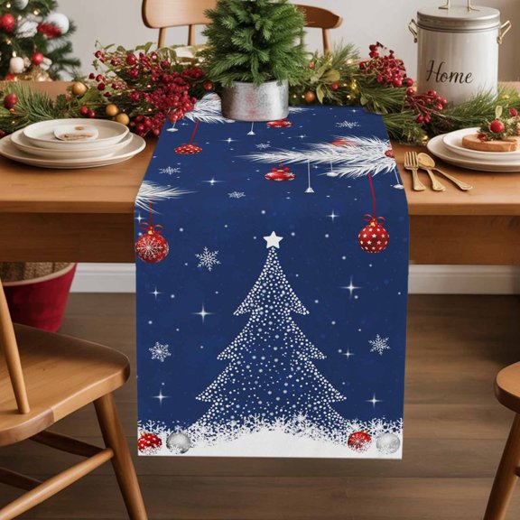 Burlap Table Runner 70 Inches Long,Xmas Tree Ball Fir Leaves Navy Blue Non-Slip Kitchen Table Runners for Dining Room Everyday Use Party Table Decorations Stars Snowflake Seamless