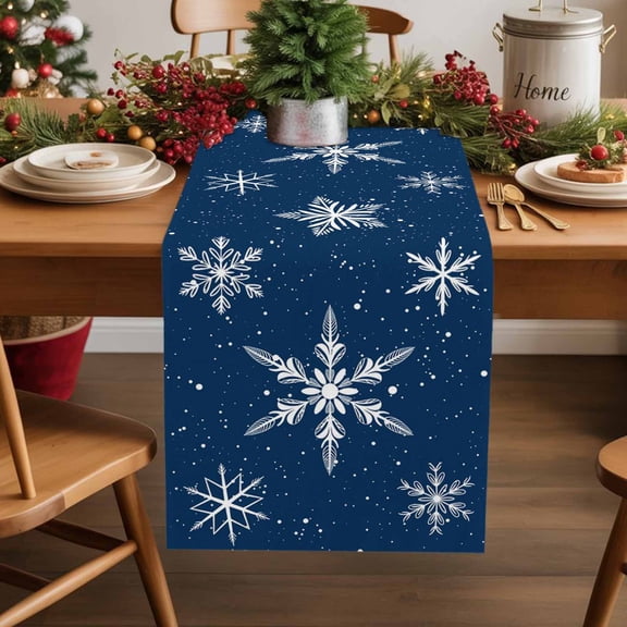 Burlap Table Runner 70 Inches Long,Xmas Winter Snowflakes Blue Back Non-Slip Kitchen Table Runners for Dining Room Everyday Use Party Table Decorations White Snowflakes Seamless