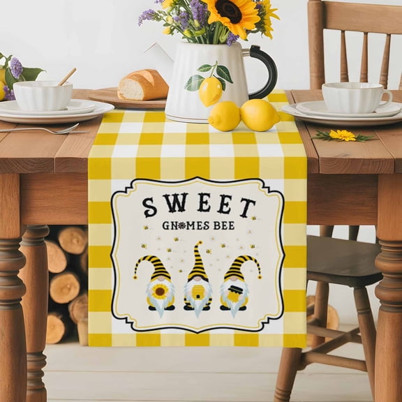 Burlap Table Runner 70 Inches Long, Yellow Buffalo Plaid Non-Slip Kitchen Table Runners for Dining Room Everyday Use Party Table Decorations Bee Gnomes Daisy Floral