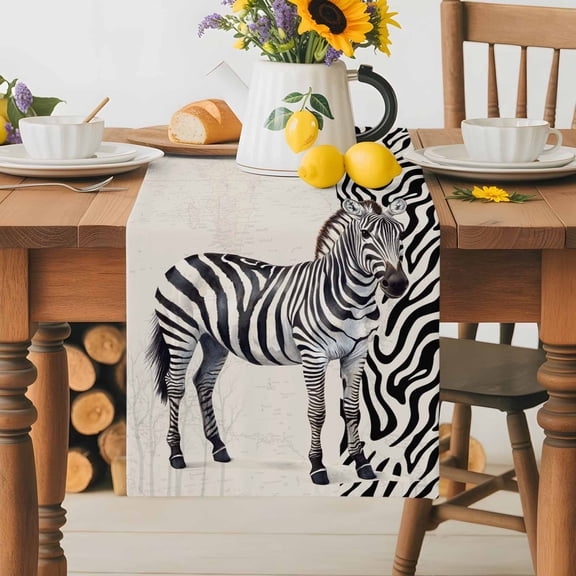 Burlap Table Runner 70 Inches Long,Zebra Black Stripe Animal Portrait Non-Slip Kitchen Table Runners for Dining Room Everyday Use Party Table Decorations Vintage Tree Branch