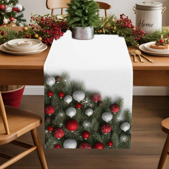 Burlap Table Runner 72 Inches Long,Christmas Ornaments Pine Needles Non-Slip Kitchen Table Runners for Dining Room Everyday Use Party Table Decorations Green White Red