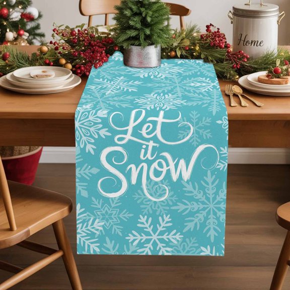 Burlap Table Runner 72 Inches Long,Let Snow Words on Blue Background Non-Slip Kitchen Table Runners for Dining Room Everyday Use Party Table Decorations Winter Snowflakes