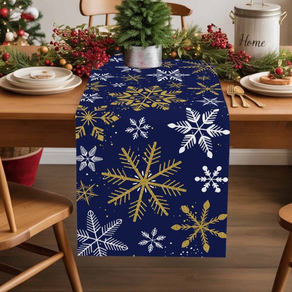 Burlap Table Runner 72 Inches Long,Merry Chrismas Golden Snowflakes Non-Slip Kitchen Table Runners for Dining Room Everyday Use Party Table Decorations Winter Snow Blue Back
