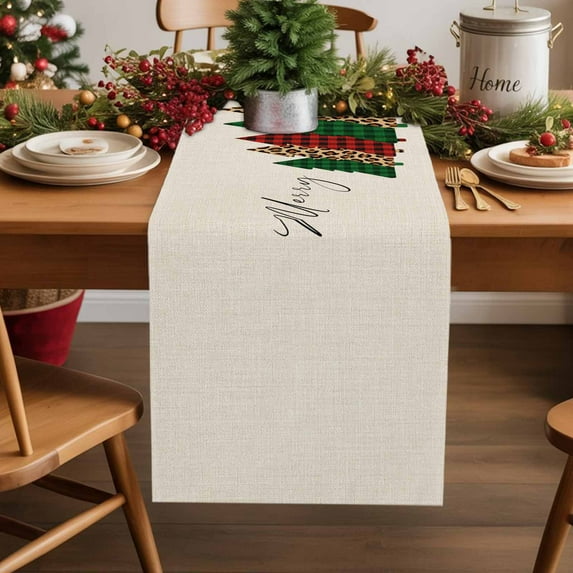 Burlap Table Runner 72 Inches Long,Vintage Red Green Plaid Tree Non-Slip Kitchen Table Runners for Dining Room Everyday Use Party Table Decorations Merry Christmas on Linen