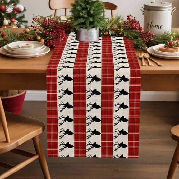 Burlap Table Runner 72 Inches Long,Vintage Reindeer on Linen Non-Slip Kitchen Table Runners for Dining Room Everyday Use Party Table Decorations Red Geometric Plaid