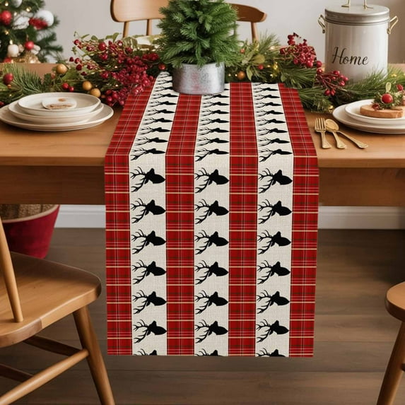 Burlap Table Runner 72 Inches Long,Vintage Reindeer on Linen Non-Slip Kitchen Table Runners for Dining Room Everyday Use Party Table Decorations Red Geometric Plaid