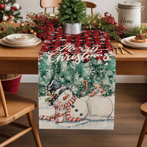 Burlap Table Runner 72 Inches Long,Vintage Snowman Squirrel Non-Slip Kitchen Table Runners for Dining Room Everyday Use Party Table Decorations Red Black Plaid