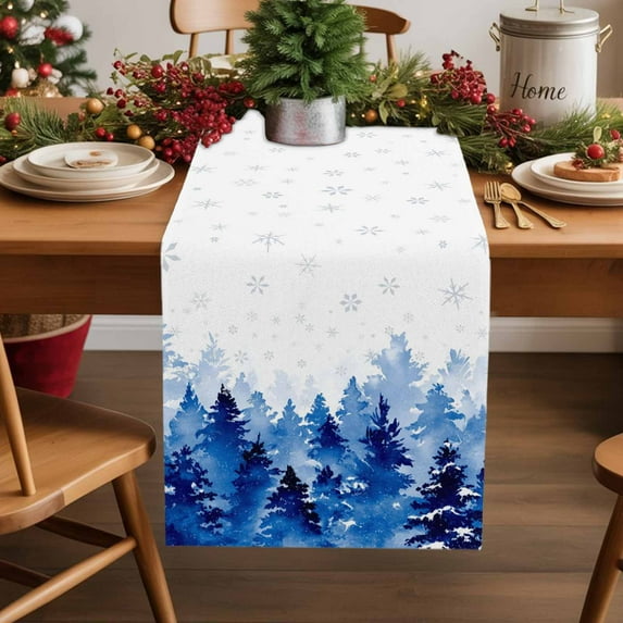Burlap Table Runner 72 Inches Long,Watercolor Blue Christmas Tree Non-Slip Kitchen Table Runners for Dining Room Everyday Use Party Table Decorations Winter Snowflake