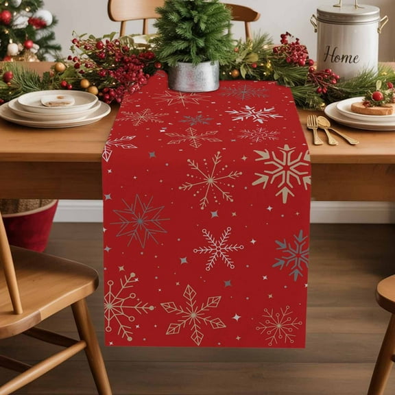 Burlap Table Runner 72 Inches Long,Winter Christmas Gold Snowflakes Non-Slip Kitchen Table Runners for Dining Room Everyday Use Party Table Decorations Red