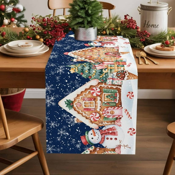 Burlap Table Runner 72 Inches Long,Winter Christmas Snowman Non-Slip Kitchen Table Runners for Dining Room Everyday Use Party Table Decorations Gingerbread Candy