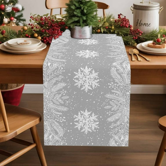 Burlap Table Runner 72 Inches Long,Winter Snowflake Pine Leaf Non-Slip Kitchen Table Runners for Dining Room Everyday Use Party Table Decorations White Botanical on Grey
