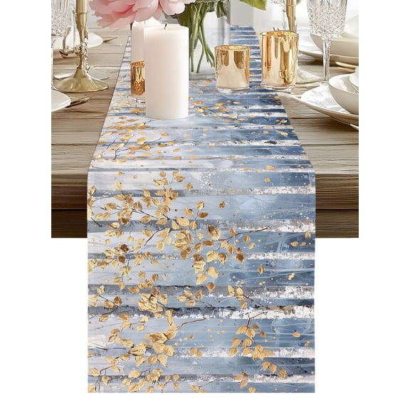 Burlap Table Runner 90 Inches Long, Abstract Forest Birch Tree Gold Leaves Non-Slip Kitchen Table Runners for Dining Room Everyday Use Party Table Decorations Landscape