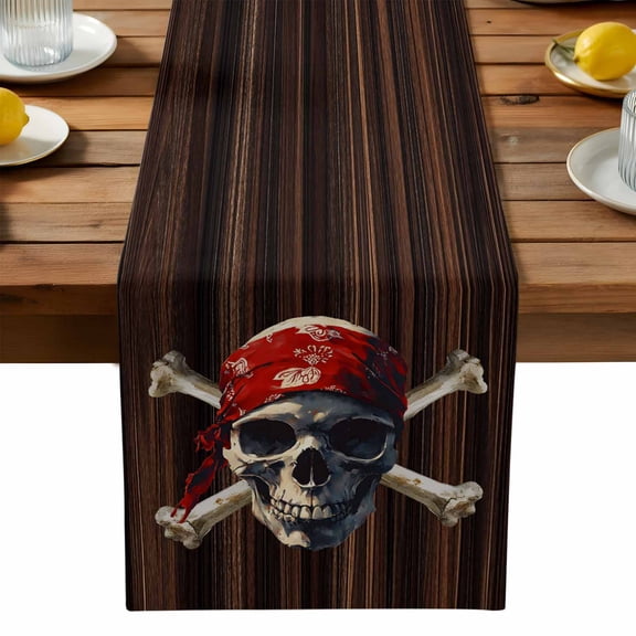 Burlap Table Runner 90 Inches Long,Abstract Punk Pirate Skull Non-Slip Kitchen Table Runners for Dining Room Everyday Use Party Table Decorations Crossbones on Brown Wood Board