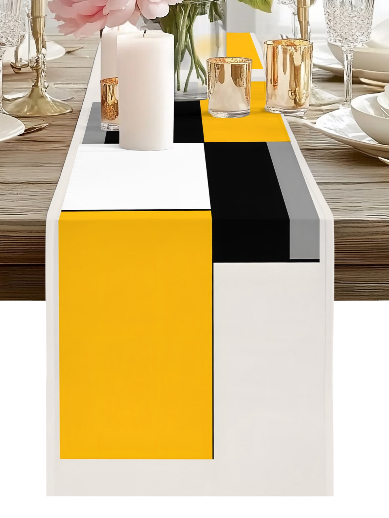 Burlap Table Runner 90 Inches Long, Abstract Yellow Black White ...