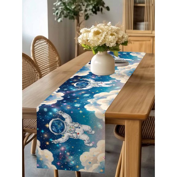 Burlap Table Runner 90 Inches Long, Astronauts Galaxy Dream Sky Non-Slip Kitchen Table Runners for Dining Room Everyday Use Party Table Decorations Stars Moon Planet