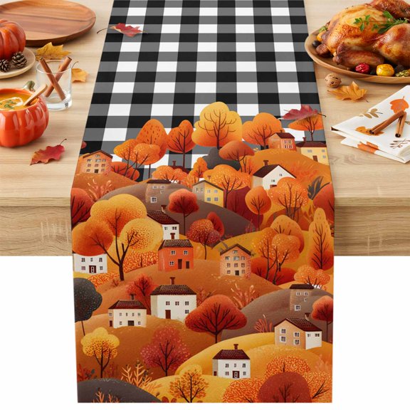 Burlap Table Runner 90 Inches Long, Autumn House Tree Hills Non-Slip Kitchen Table Runners for Dining Room Everyday Use Party Table Decorations Cartoon Style Black White Plaid
