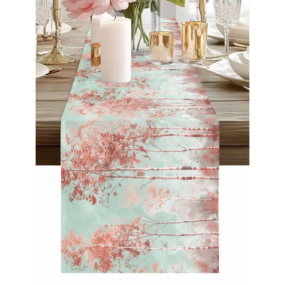 Burlap Table Runner 90 Inches Long, Birch Tree Forest Red Teal Gradient Non-Slip Kitchen Table Runners for Dining Room Everyday Use Party Table Decorations Retro Oil Painting Art