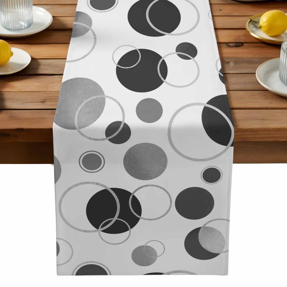 Burlap Table Runner 90 Inches Long, Black Gray Circles Non-Slip Kitchen Table Runners for Dining Room Everyday Use Party Table Decorations Abstract Geometric Rounds Art