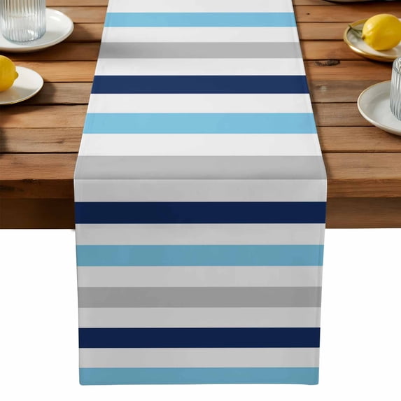 Burlap Table Runner 90 Inches Long, Blue Gradient Stripes Geometric Non-Slip Kitchen Table Runners for Dining Room Everyday Use Party Table Decorations Minimalistic Line