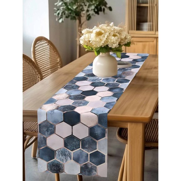 Burlap Table Runner 90 Inches Long, Blue Lattice Hexagon Color Block Non-Slip Kitchen Table Runners for Dining Room Everyday Use Party Table Decorations Abstract Geometric