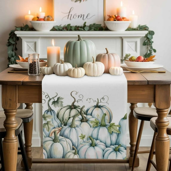 Burlap Table Runner 90 Inches Long,Blue Pumpkin Vine Autumn Thanksgiving Non-Slip Kitchen Table Runners for Dining Room Everyday Use Party Table Decorations Farm Pumpkins on White