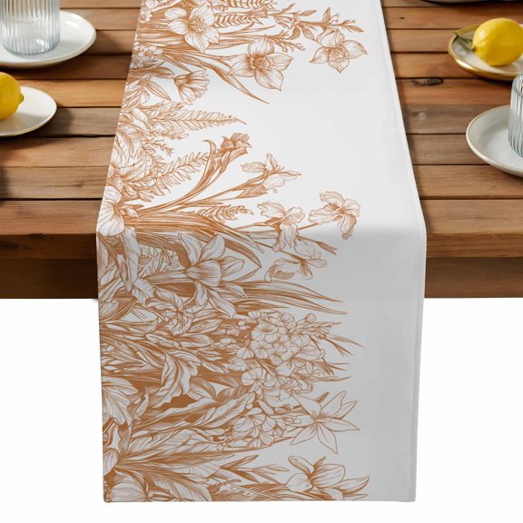 Burlap Table Runner 90 Inches Long,Brown Iris Flower Lavender on White Non-Slip Kitchen Table Runners for Dining Room Everyday Use Party Table Decorations Country Plants