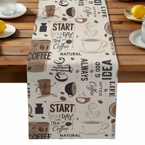 Burlap Table Runner 90 Inches Long,Cafe Coffee Bean Letter Back Non-Slip Kitchen Table Runners for Dining Room Everyday Use Party Table Decorations Graffiti Abstract Art
