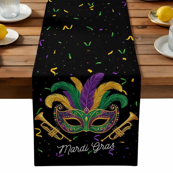 Burlap Table Runner 90 Inches Long, Carnival Mask Feather Trumpet Non-Slip Kitchen Table Runners for Dining Room Everyday Use Party Table Decorations Celebration Ribbon on Black