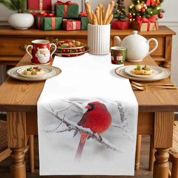 Burlap Table Runner 90 Inches Long,Christmas Cardinal Bird Non-Slip Kitchen Table Runners for Dining Room Everyday Use Party Table Decorations Winter Snow Branch