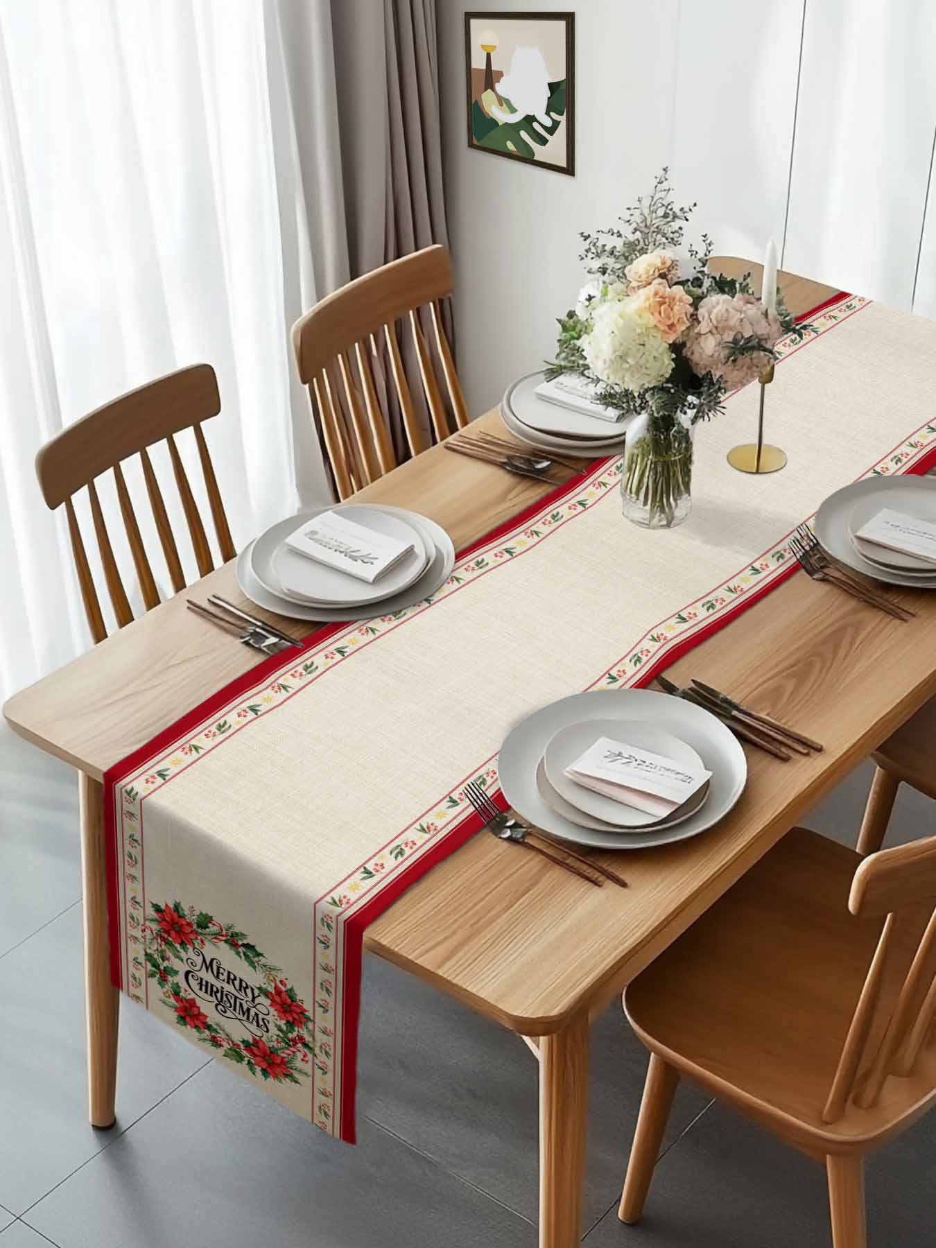 Burlap Table Runner 90 Inches Long, Christmas Poinsettia Berry Wreath ...