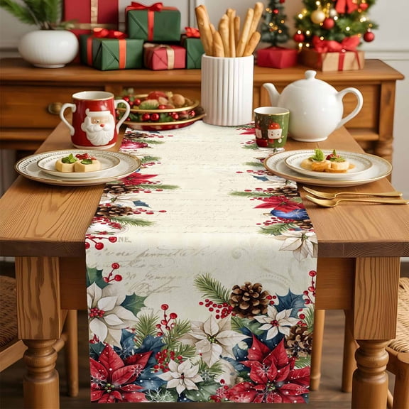 Burlap Table Runner 90 Inches Long,Christmas Poinsettia Flower Xmas Ornaments Non-Slip Kitchen Table Runners for Dining Room Everyday Use Party Table Decorations Vintage Stamp Letters