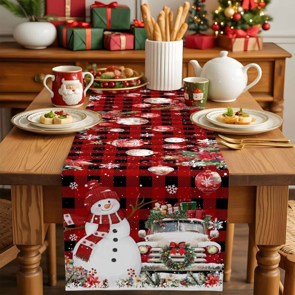Burlap Table Runner 90 Inches Long,Christmas Snowman Red Buffalo Plaid Non-Slip Kitchen Table Runners for Dining Room Everyday Use Party Table Decorations Xmas Truck Bell Poinsettia