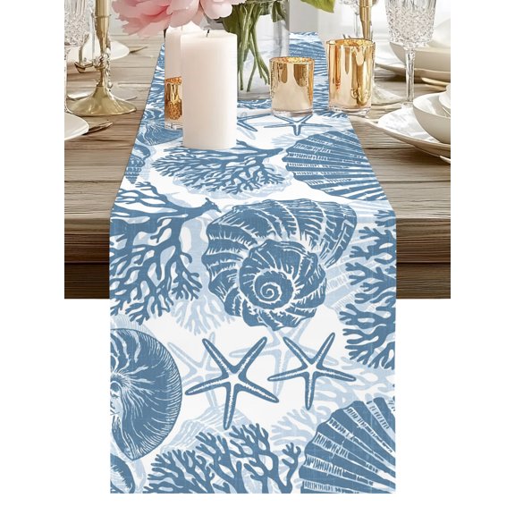 Burlap Table Runner 90 Inches Long, Coastal Slate Blue Sea Shells Starfish Non-Slip Kitchen Table Runners for Dining Room Everyday Use Party Table Decorations Marine Life