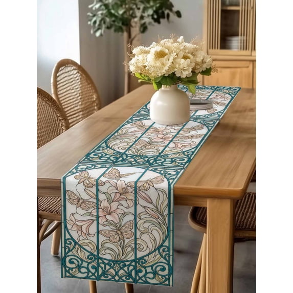 Burlap Table Runner 90 Inches Long, Country Flower Butterfly Non-Slip Kitchen Table Runners for Dining Room Everyday Use Party Table Decorations Vintage Flower Plant
