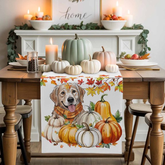 Burlap Table Runner 90 Inches Long,Cute Dog Thanksgiving Pumpkin Non-Slip Kitchen Table Runners for Dining Room Everyday Use Party Table Decorations Autumn Orange Maple Leaf