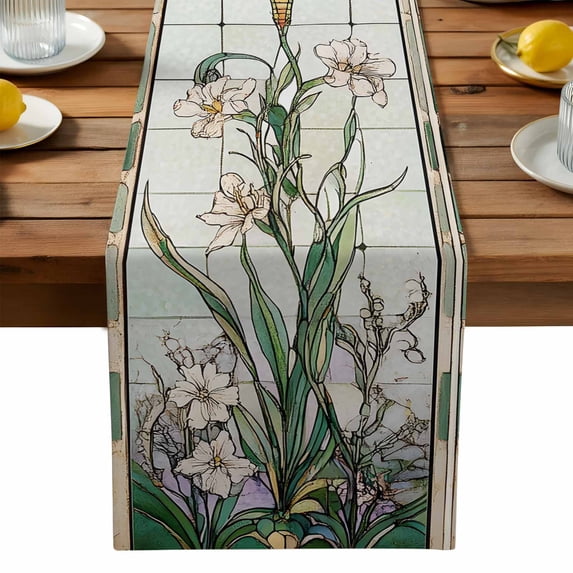 Burlap Table Runner 90 Inches Long, Dragonfly Spring Flower Green Leaves Non-Slip Kitchen Table Runners for Dining Room Everyday Use Party Table Decorations Vintage Farmhouse Plant