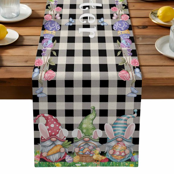 Burlap Table Runner 90 Inches Long,Easter Gnomes Egg Spring Floral Non-Slip Kitchen Table Runners for Dining Room Everyday Use Party Table Decorations Black and White Burlap Checker