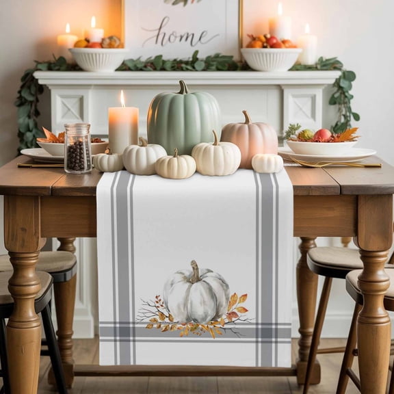 Burlap Table Runner 90 Inches Long,Fall Retro Pumpkin Orange Maple Leaf Non-Slip Kitchen Table Runners for Dining Room Everyday Use Party Table Decorations Grey Stripe Happy Thanksgiving
