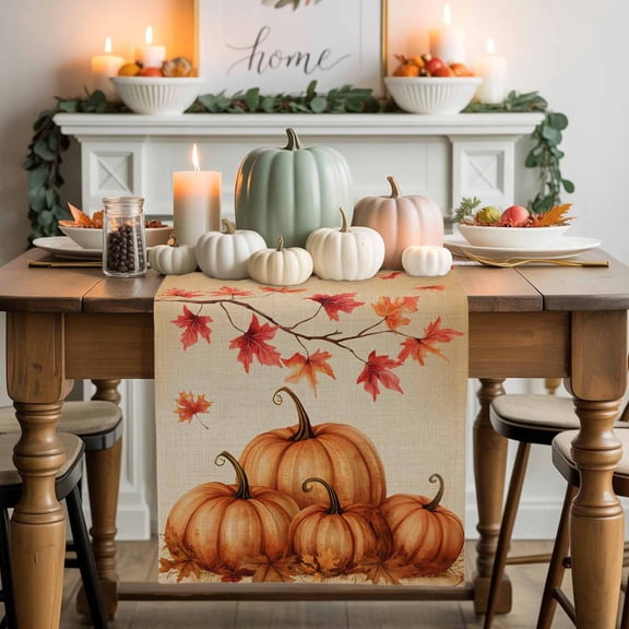 Burlap Table Runner 90 Inches Long,Fall Thanksgiving Pumpkin Maple Leaf Non-Slip Kitchen Table Runners for Dining Room Everyday Use Party Table Decorations Orange Gradient Retro Linen