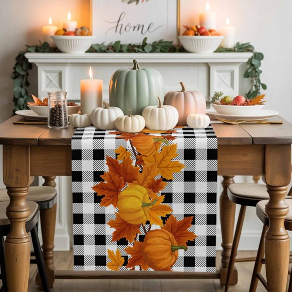 Burlap Table Runner 90 Inches Long,Fall Thanksgiving Pumpkin Orange Maple Leaf Non-Slip Kitchen Table Runners for Dining Room Everyday Use Party Table Decorations Retro Black Buffalo Grid