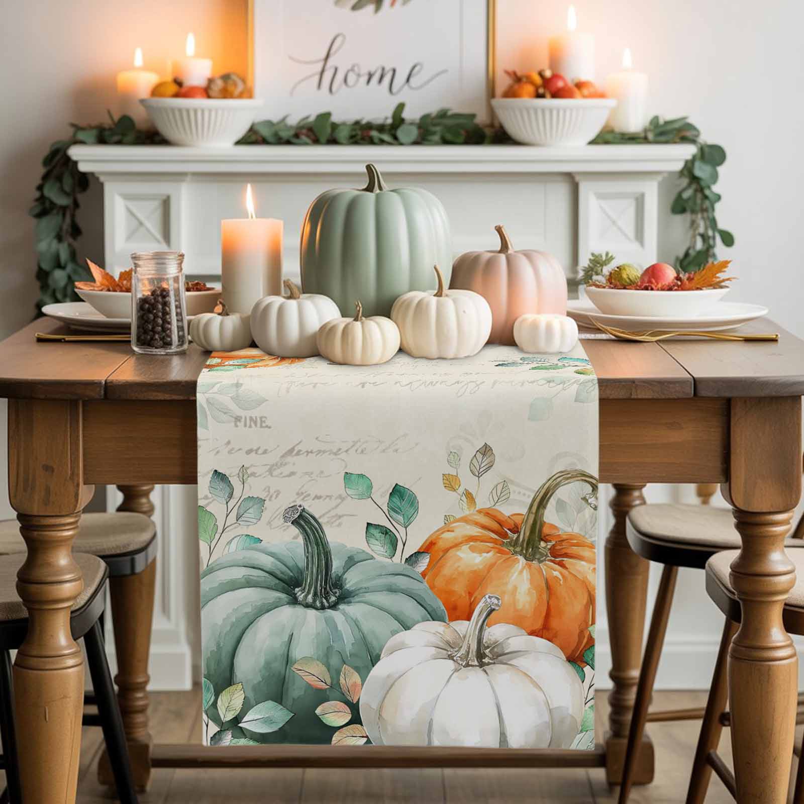 Burlap Table Runner 90 Inches Long,Fall Thanksgiving Pumpkins Green
