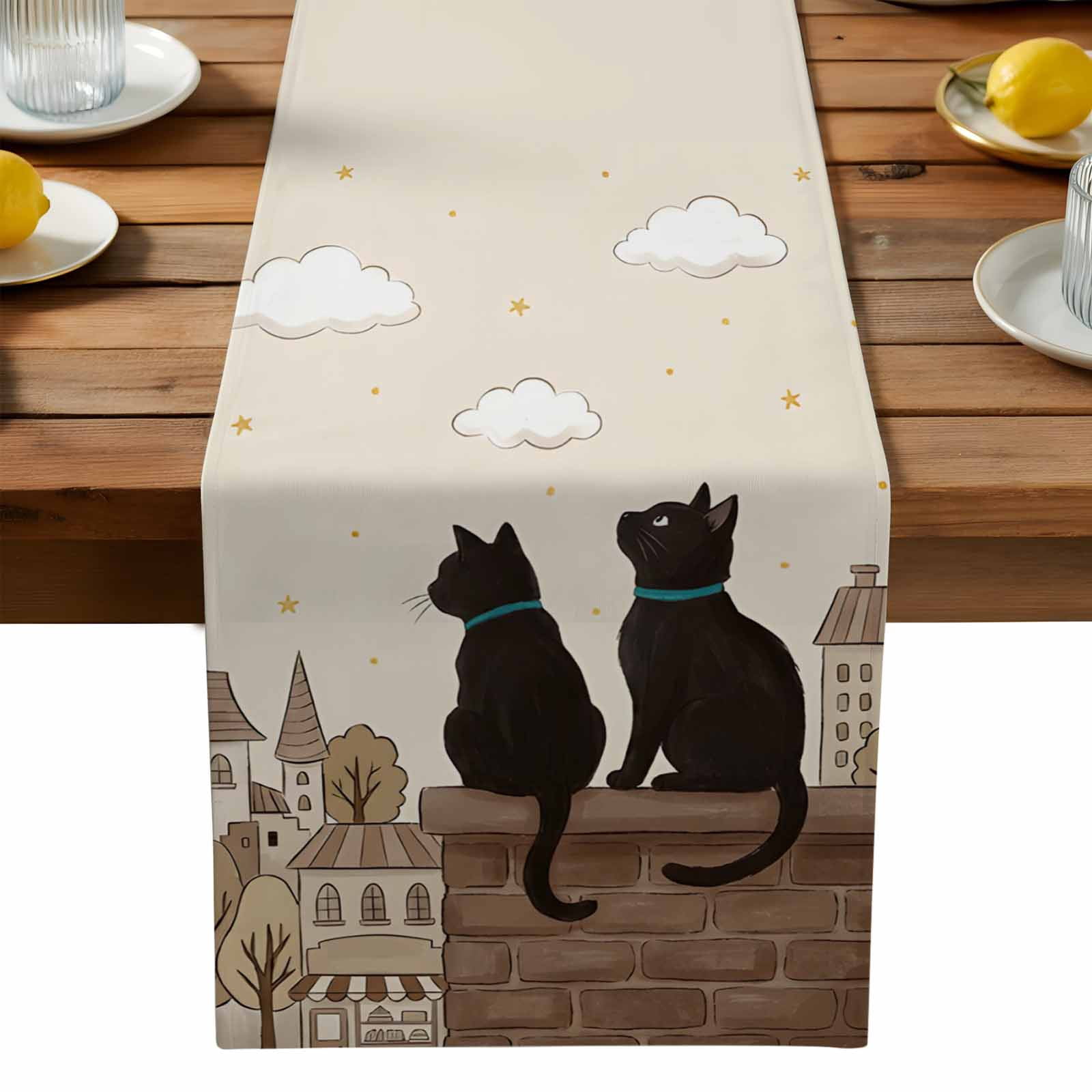 Burlap Table Runner 90 Inches Long, Farm Black Cats Buildings Non-Slip ...