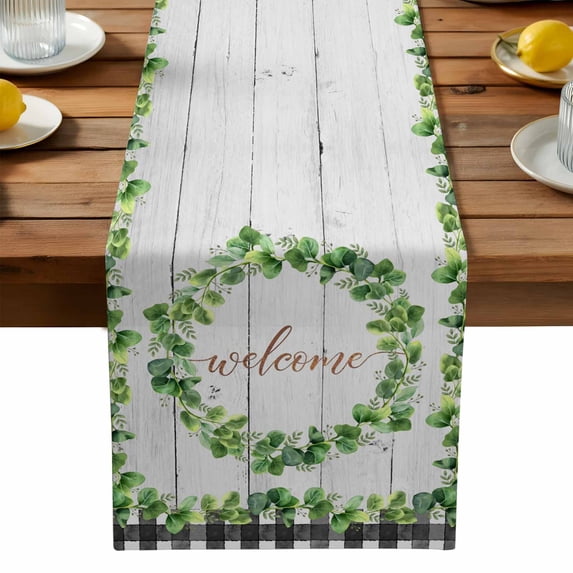 Burlap Table Runner 90 Inches Long, Farmhouse Green Leaf Wreath Non-Slip Kitchen Table Runners for Dining Room Everyday Use Party Table Decorations Country Leaves Wood Plank Plaid